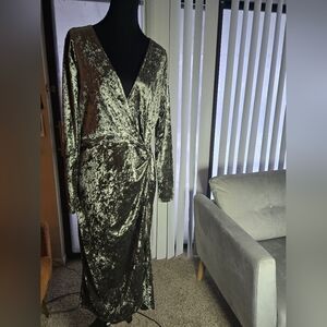 Mango Olive Velvet Wrap Dress